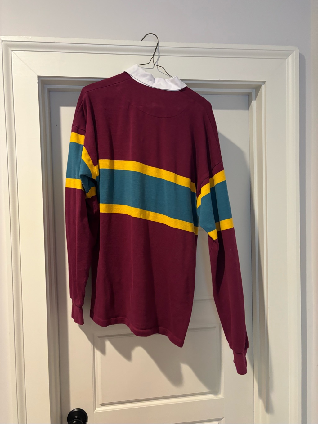 Withernot Men's Burgundy Rugby Shirt With Teal & Yellow Stripes — image 2 of 3